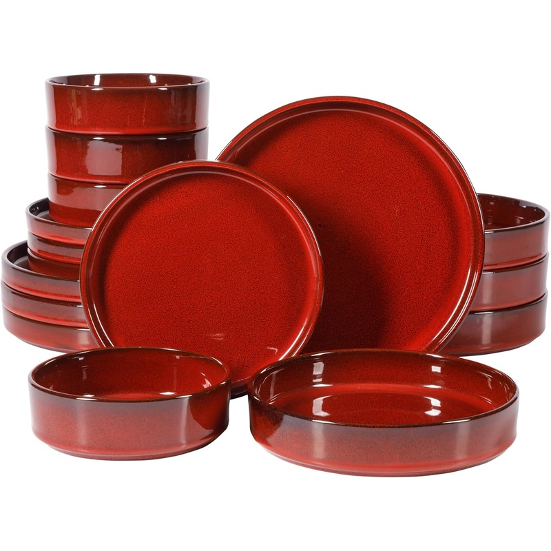 Oprahs Favorite Things  Santorini Mist Double Bowl Terracotta Reactive Glaze Plates and Bowls Dinnerware Set  Garnet Red, Service for Four (16pcs)