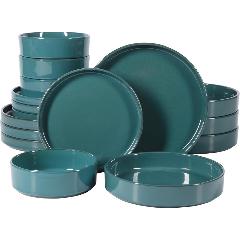 Oprahs Favorite Things  Santorini Mist Double Bowl Terracotta Reactive Glaze Plates and Bowls Dinnerware Set  Jade Blue Green, Service for Four (16pcs)