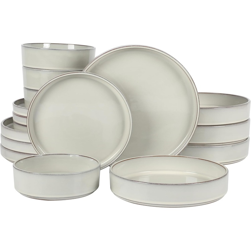 Oprahs Favorite Things  Santorini Mist Double Bowl Terracotta Reactive Glaze Plates and Bowls Dinnerware Set  Moonstone White, Service for Four (16pcs)