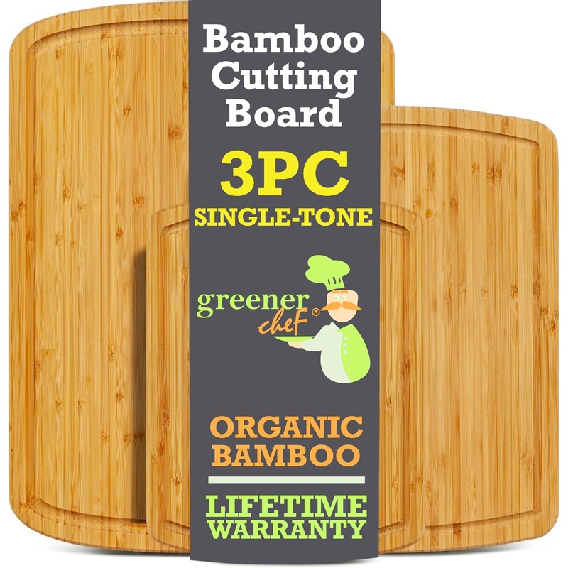 Organic Bamboo Cutting Board Set of 3 with Lifetime Replacements  Wood Cutting Board Set with Juice Groove  Wooden Chopping board Set for Kitchen, Meat and Cheese  Single Tone