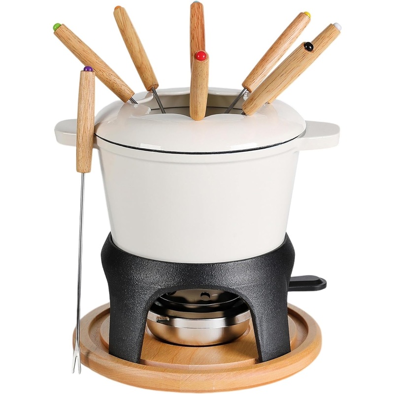 BIRDROCK HOME 16 pc Cast Iron Fondue Pot Set for Chocolate, Cheese, Meat | Ceramic Pot | 8 Fondue Forks | Chrome Safety Burner | Wedding Party Housewarming Gift | Cream