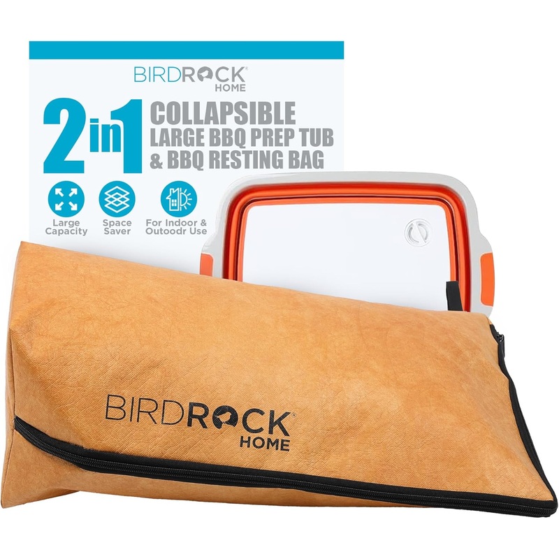BIRDROCK HOME Collapsible Large BBQ Prep Tub & BBQ Resting Bag  Multi-Function Grill Caddy w/Colander & Lid, Portable Silicone Dish Bowl for Picnic, Tailgate, Camping