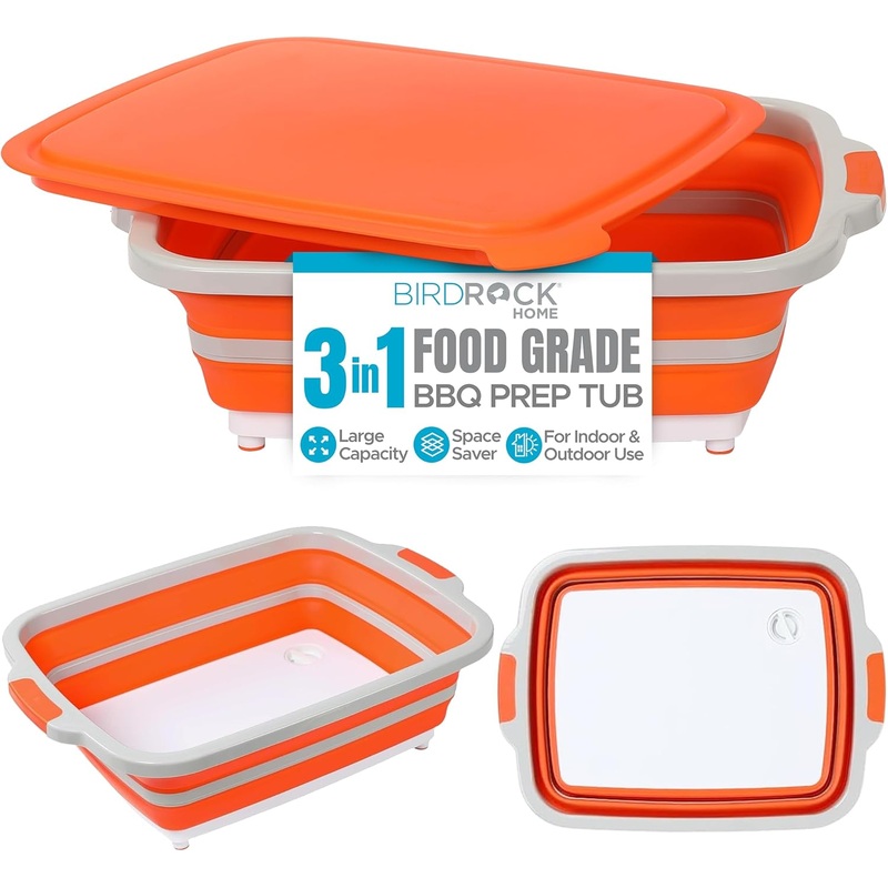 BIRDROCK HOME Collapsible Large BBQ Prep Tub w/Cutting Board, Multi-Function Grill Caddy w/Colander & Lid, Portable Silicone Dish Bowl for Picnic, Tailgate, Camping  Black