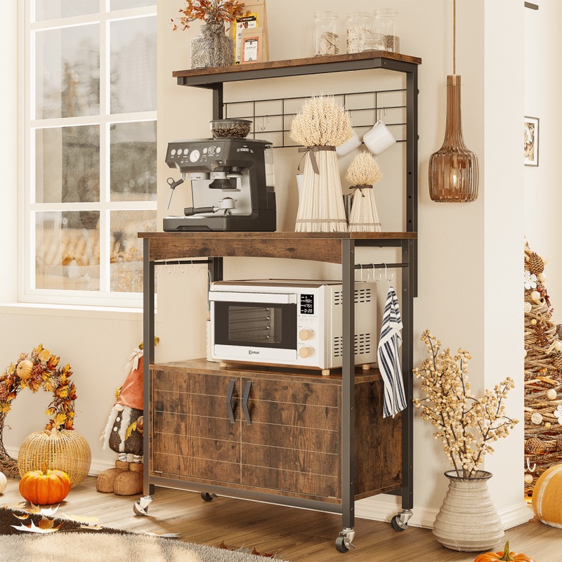 Bestier 3-Tier Kitchen Bakers Rack Microwave Oven Stand with Storage Cabinet Rustic