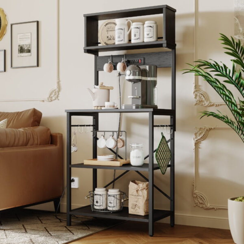 Bestier 60.3 inch 5-Tier Kitchen Bakers Rack with Power Outlets Wood Kitchen Rack in Black
