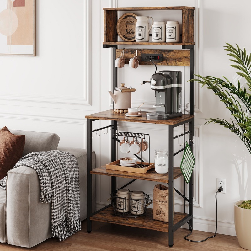 Bestier 60.3 inch 5-Tier Kitchen Bakers Rack with Power Outlets Wood Kitchen Rack in Rustic