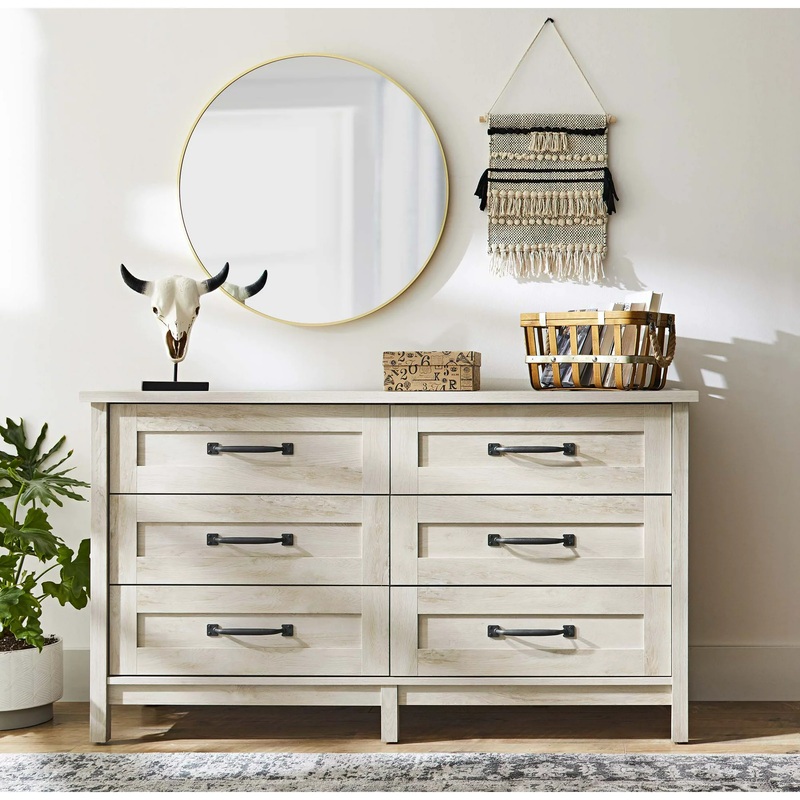 Better Homes & Gardens Modern Farmhouse 6  Drawer Dresser, Rustic White Finish