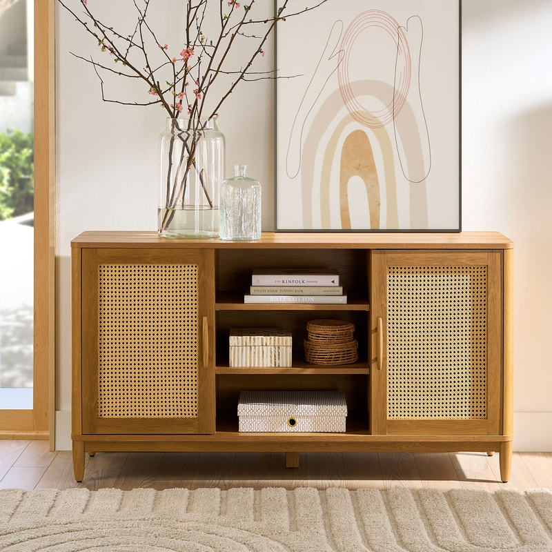 Better Homes & Gardens Springwood Cane TV Stand for TVs up to 65, Light Honey Finish