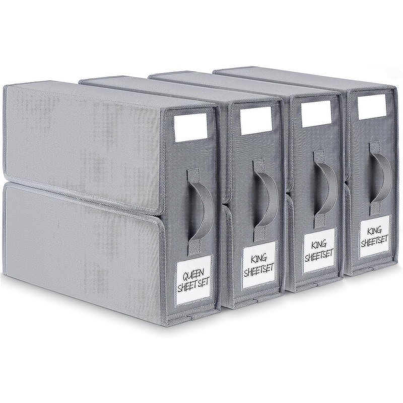BIKTIC SheetCube Bed Sheet Organizers and Storage,4 Pack Sheet Folder Organizer (Queen or King Size), Linen Closet Organizer for Bedding Sheets,Duvet Covers and Pillow cases,Grey
