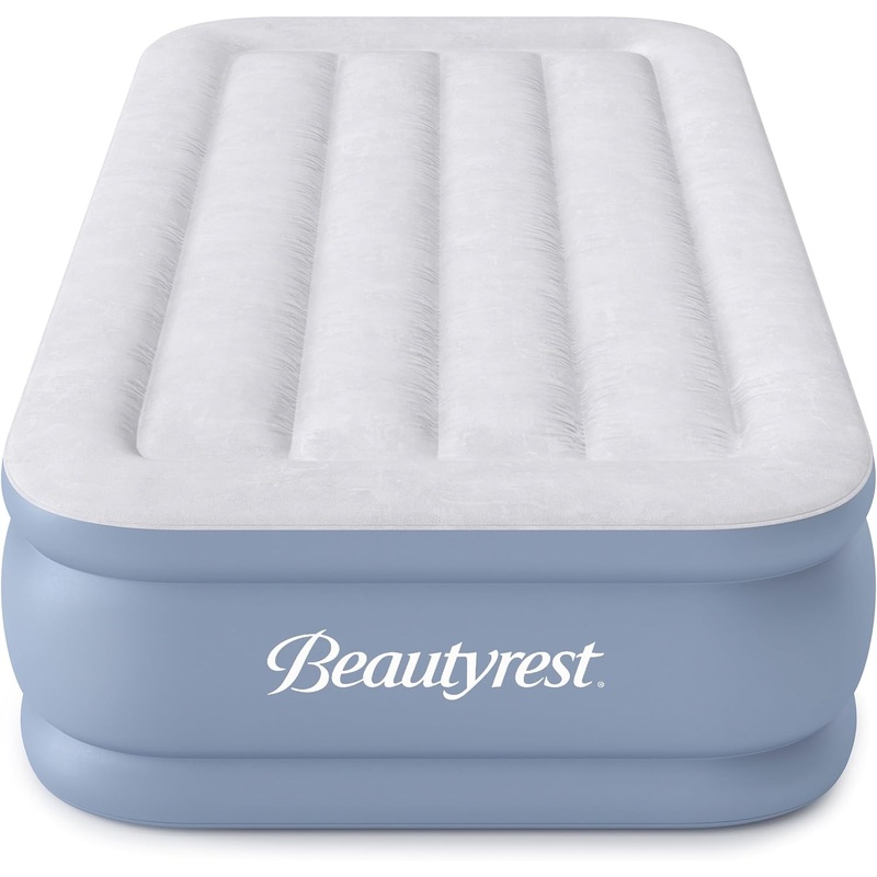 Beautyrest Hi-Loft Inflatable Mattress: Raised-Profile Air Bed with External Pump, Twin, Grey/White