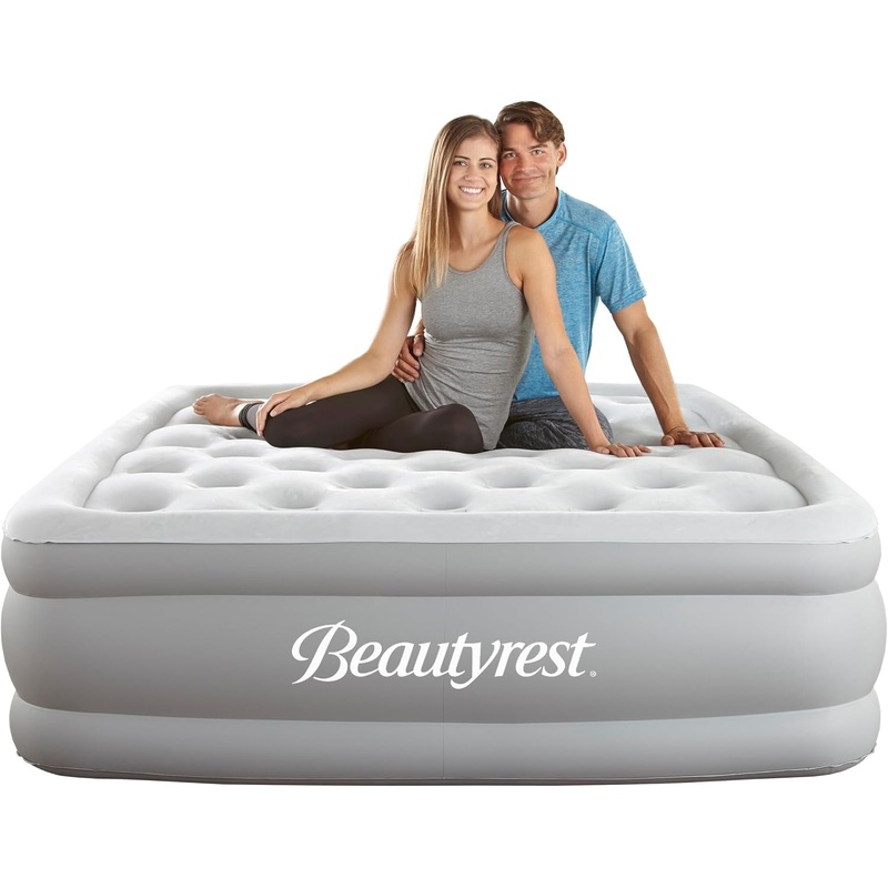 Beautyrest Skyrise Raised Air Bed with Edge Support, Inflatable Sleeping Mattress with External Pump and Puncture Resistant Vinyl for Guests, Camping and More: 18 Queen, Portable with Storage Bag
