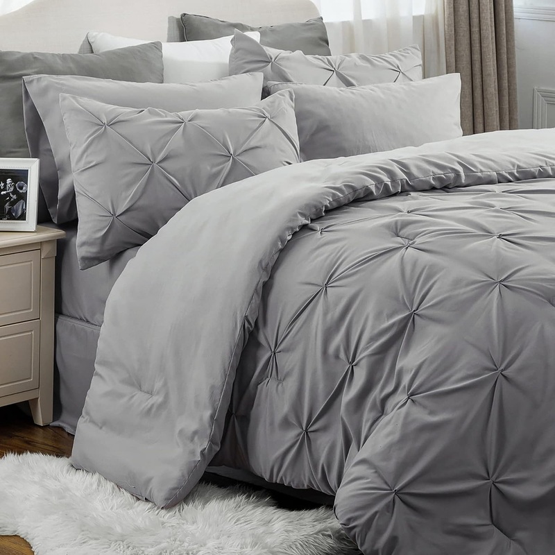 Bedsure Queen Comforter Set  7 Pieces Comforters Queen Size Grey, Pintuck Bedding Sets Queen for All Season, Bed in a Bag with Flat Sheet and Fitted Sheet, Pillowcases & Shams