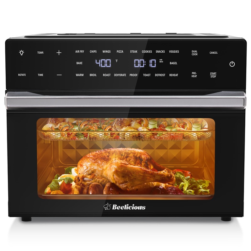 Beelicious Smart Large Air Fryer Toaster Ovens, 30L Extra Large, with Rotisserie & Dehydrator, 6 Accessories, Black