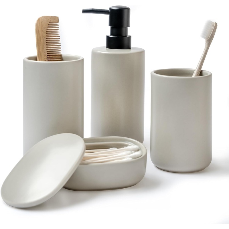 Beige Bathroom Accessory Sets, 4 Pieces Bathroom Accessories Complete Set Vanity Countertop Accessory Set, includes Lotion Dispenser Soap Pump, Tumbler, Toothbrush Holder, Qtip Holder