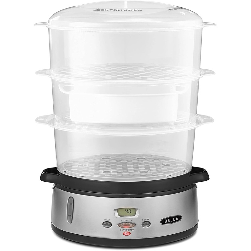 BELLA 9.5 QT Triple Tier Digital Food Steamer, Healthy Fast Simultaneous Cooking, Stackable Baskets for Vegetables or Meats, Rice/Grains Tray, Auto Shutoff & Boil Dry Protection, Stainless Steel