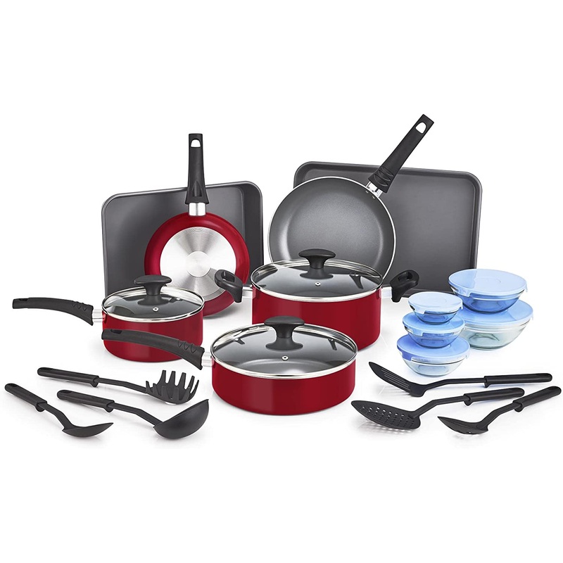 BELLA Nonstick Cookware Set with Glass Lids  Aluminum Bakeware, Pots and Pans, Storage Bowls & Utensils, Compatible with All Stovetops, 21 Piece, Black