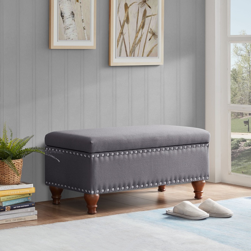 BELLEZE 35 Inch Button Tufted Top Ottoman Bench  Quincy (Gray)