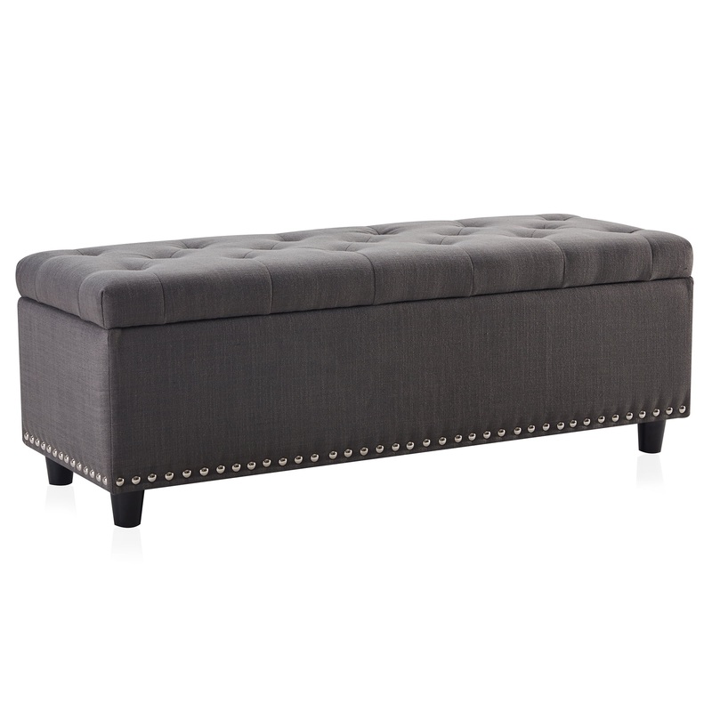Belleze 48 Rectangular Linen Storage Ottoman Bench Footrest, Large, Dark Grey