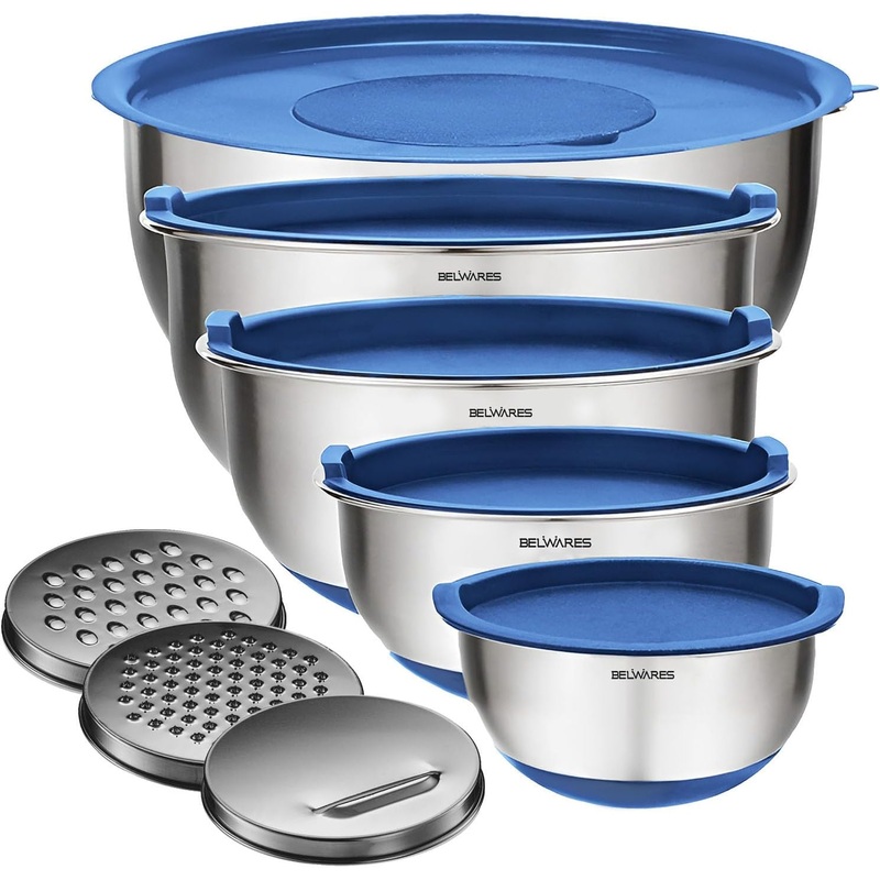 Belwares Mixing Bowls with Lids Set  Nesting Bowls with Airtight Lids + Graters  Stainless Steel Non-Slip Mixing Bowl for Baking, Food Storage and Prepping (Blue, 5-Piece Set)