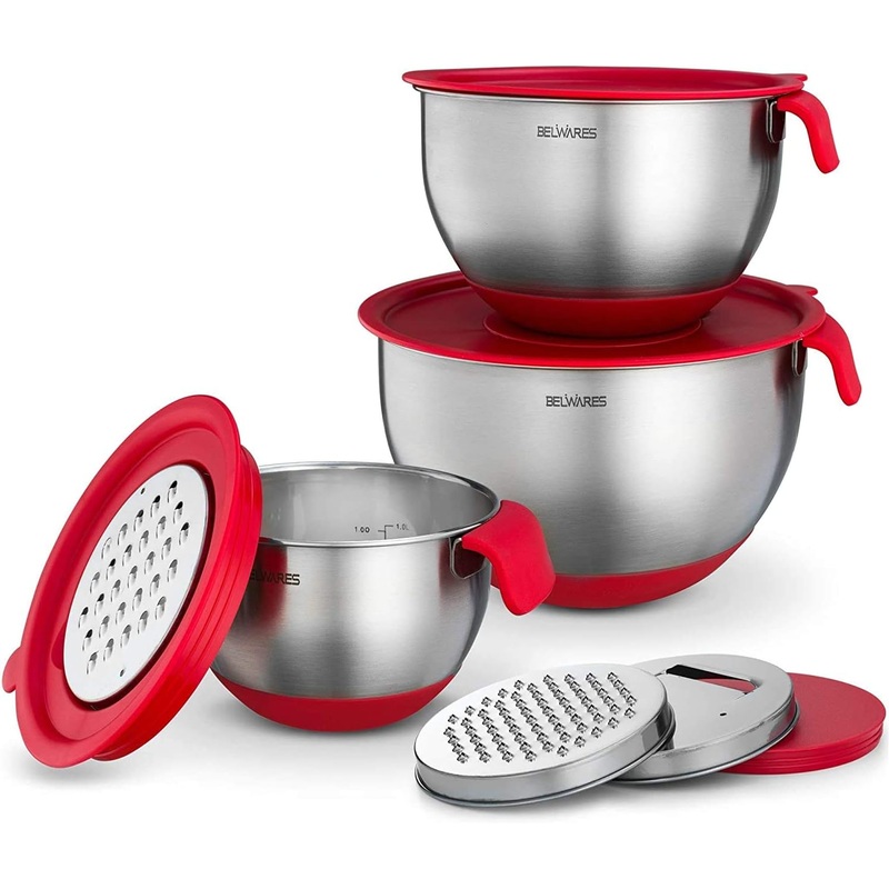 Belwares Mixing Bowls with Lids Set  Nesting Bowls with Graters, Handle, Pour Spout, Airtight Lids  Stainless Steel Non-Slip Mixing Bowl for Cooking, Baking, Prepping, Food Storage (Set of 3)