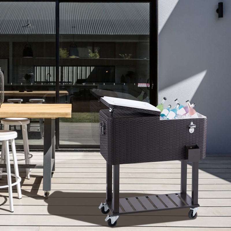 BENTISM 80Qt Rolling Cooler Cart with Bottle Opener Drainage Patio Party Bar Drink
