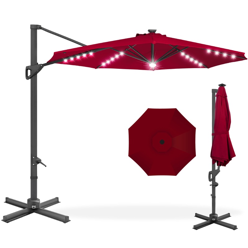 Best Choice Products 10ft 360-Degree Solar LED Cantilever Patio Umbrella, Outdoor Hanging Shade w/ Lights  Burgundy