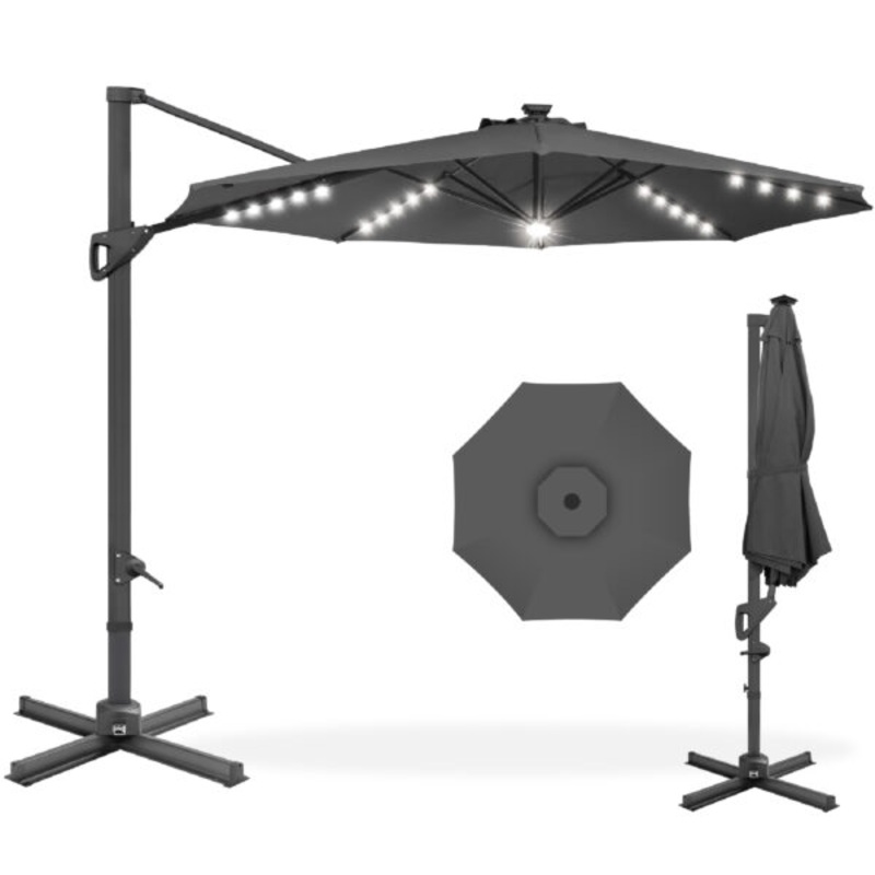 Best Choice Products 10ft 360-Degree Solar LED Cantilever Patio Umbrella, Outdoor Hanging Shade w/ Lights  Gray