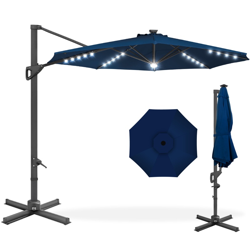 Best Choice Products 10ft 360-Degree Solar LED Cantilever Patio Umbrella, Outdoor Hanging Shade w/ Lights  Navy Blue