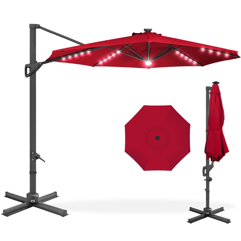 Best Choice Products 10ft 360-Degree Solar LED Cantilever Patio Umbrella, Outdoor Hanging Shade w/ Lights  Red