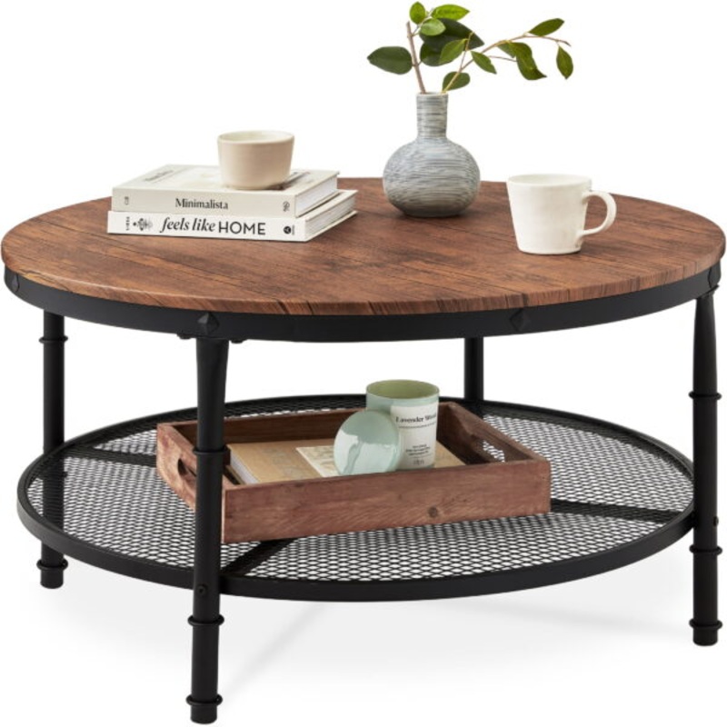 Best Choice Products 2-Tier Round Coffee Table, Rustic Accent Table w/ Wooden Tabletop, Padded Feet, Open Shelf  Brown