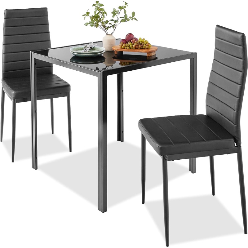 Best Choice Products 3-Piece Dining Set, Modern Kitchen Table Furniture for Dining Room, Dinette, Compact Space-Saving w/Glass Tabletop, 2 Upholstered PU Leather Chairs, Steel Frame  Black