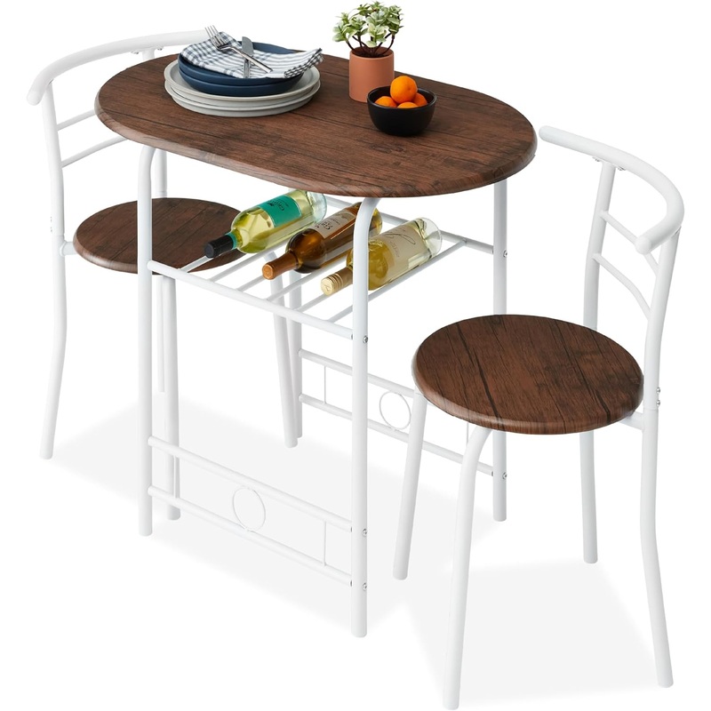 Best Choice Products 3-Piece Wooden Round Table & Chair Set for Kitchen, Dining Room, Compact Space w/Steel Frame, Built-in Wine Rack  Black