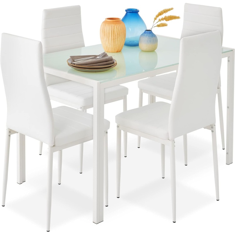 Best Choice Products 5-Piece Kitchen Dining Table Set for Dining Room, Kitchen, Dinette, Compact Space w/Glass Tabletop, 4 Faux Leather Metal Frame Chairs  Black