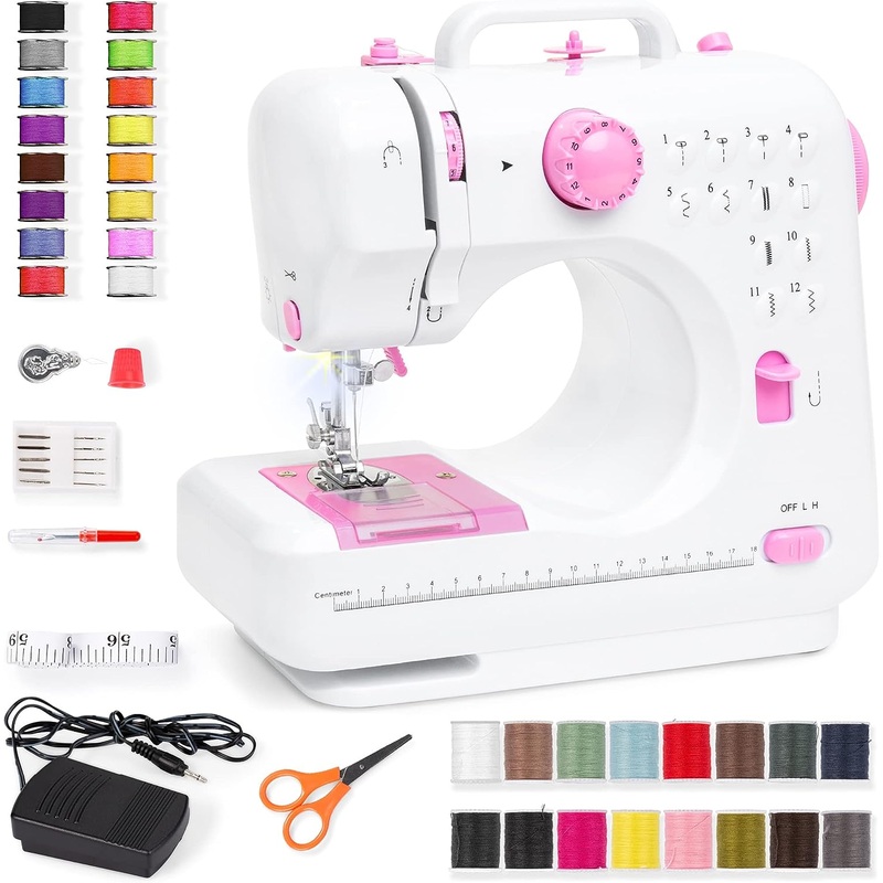 Best Choice Products Compact Sewing Machine, 42-Piece Beginners Kit, Multifunctional Portable 6V Beginner Sewing Machine w/ 12 Stitch Patterns, Light, Foot Pedal, Storage Drawer  Pink/White