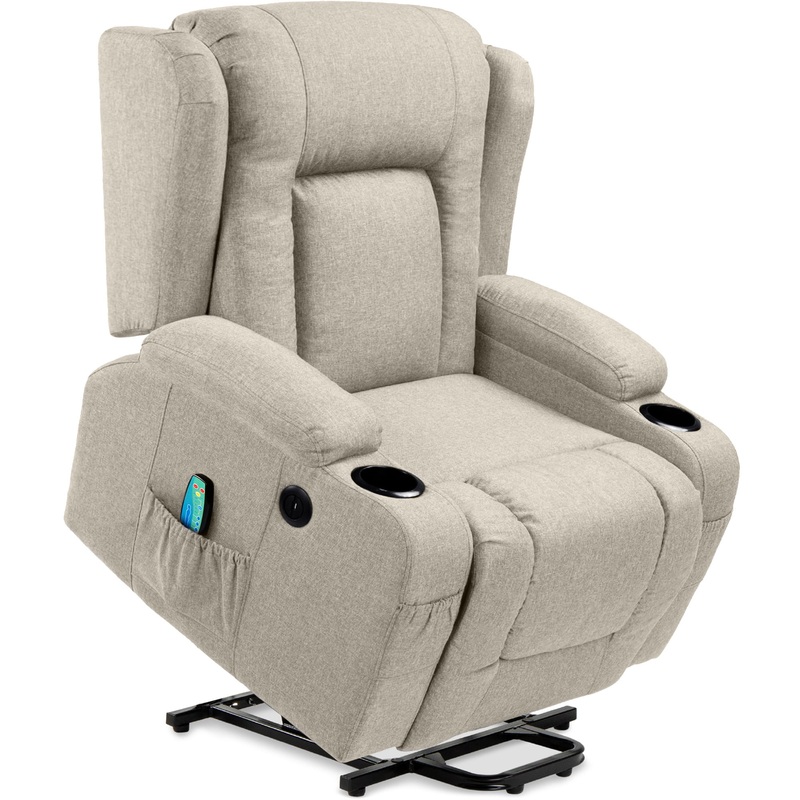 Best Choice Products Electric Power Lift Linen Recliner Massage Chair Furniture w/ USB Port, Heat, Cupholders  Greige