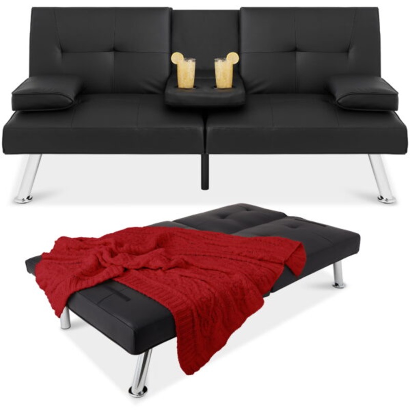 Best Choice Products Modern Faux Leather Convertible Futon Sofa w/ Removable Armrests, Metal Legs, 2 Cupholders  Black