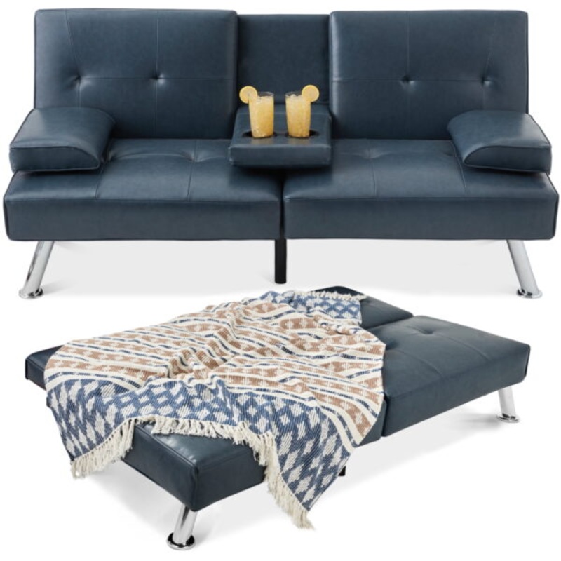 Best Choice Products Modern Faux Leather Convertible Futon Sofa w/ Removable Armrests, Metal Legs, 2 Cupholders  Blue