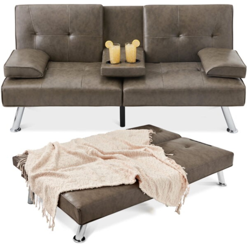 Best Choice Products Modern Faux Leather Convertible Futon Sofa w/ Removable Armrests, Metal Legs, 2 Cupholders  Gray
