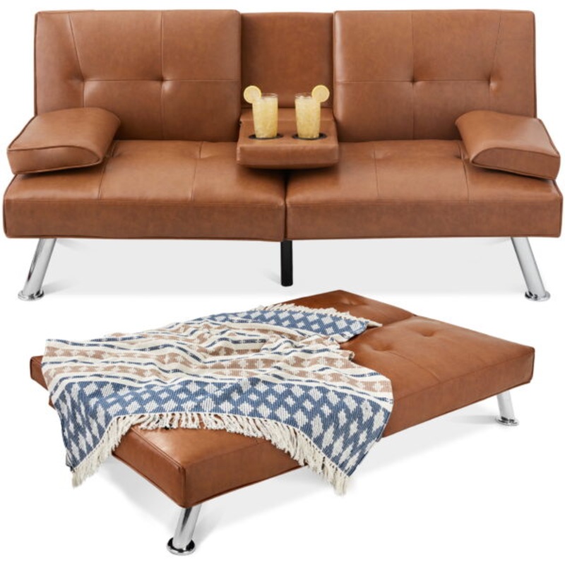 Best Choice Products Modern Faux Leather Convertible Futon Sofa w/ Removable Armrests, Metal Legs, 2 Cupholders  Tan