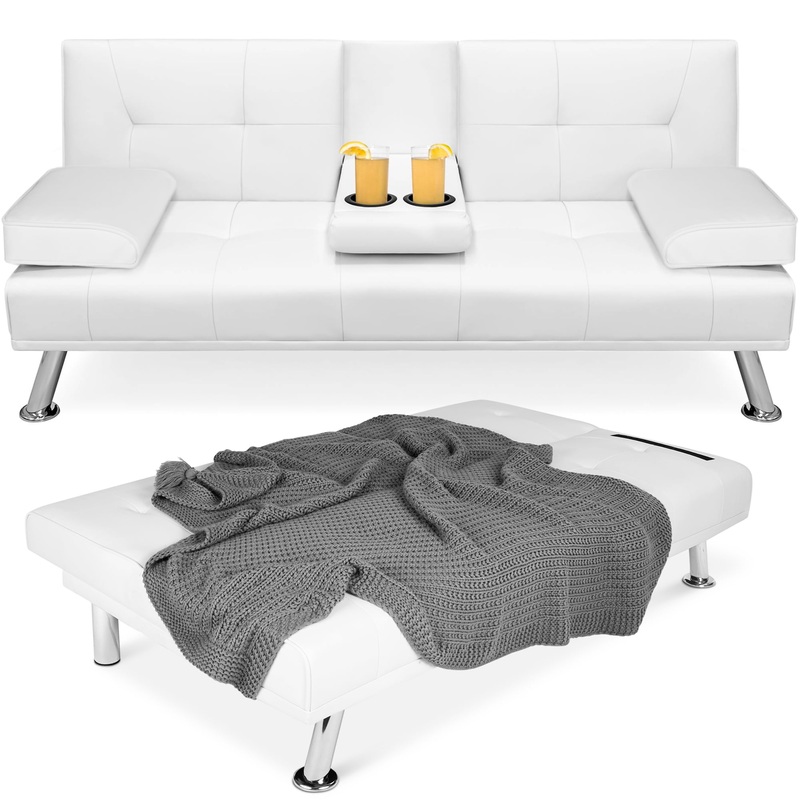 Best Choice Products Modern Faux Leather Convertible Futon Sofa w/ Removable Armrests, Metal Legs, 2 Cupholders  White