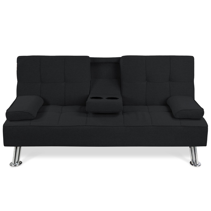 Best Choice Products Modern Linen Convertible Futon Sofa Bed w/ Removable Armrests, Metal Legs, 2 Cupholders  Black