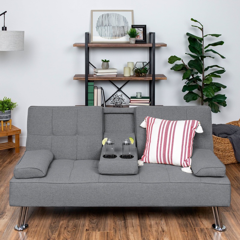 Best Choice Products Modern Linen Convertible Futon Sofa Bed w/ Removable Armrests, Metal Legs, 2 Cupholders  Gray