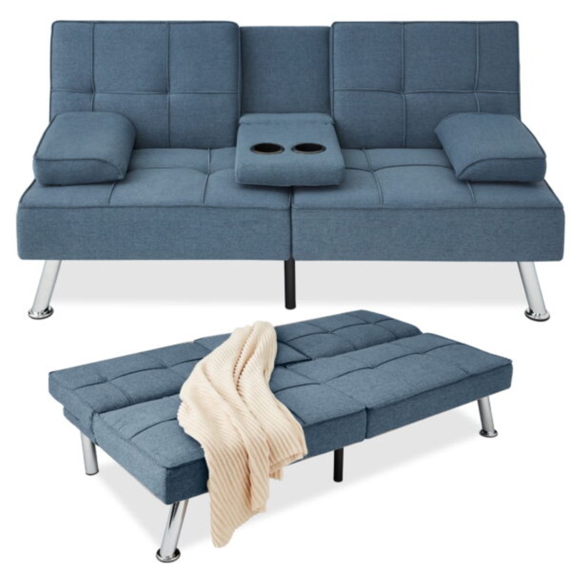 Best Choice Products Modern Linen Convertible Futon Sofa Bed w/ Removable Armrests, Metal Legs, Cupholders  Blue
