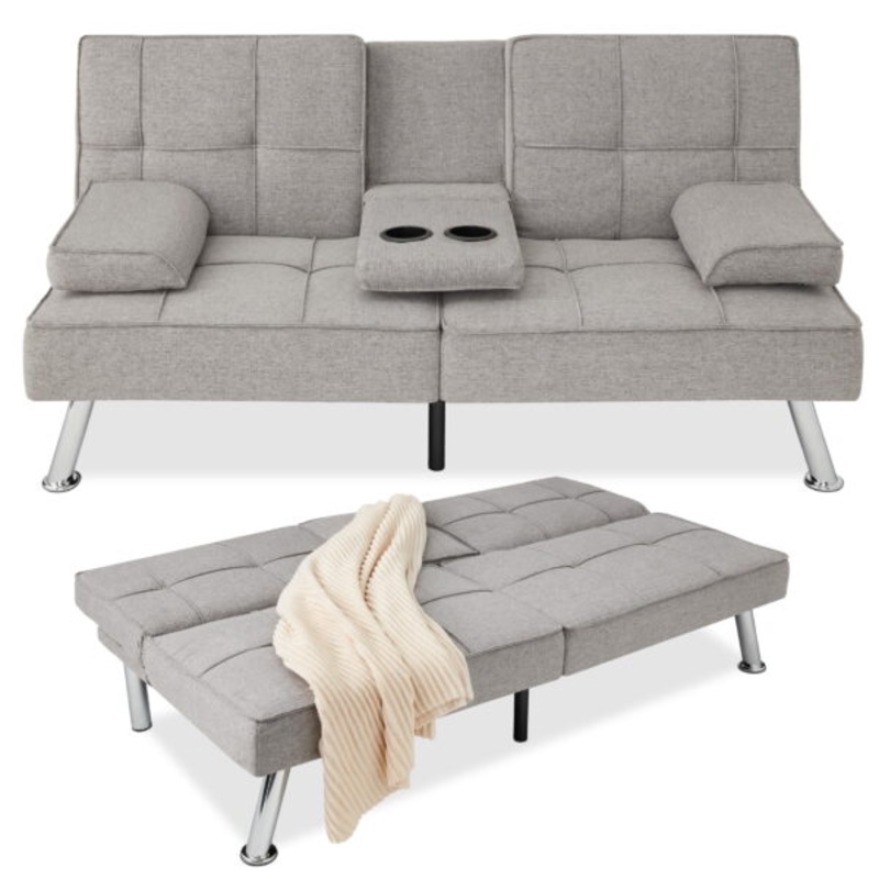 Best Choice Products Modern Linen Convertible Futon Sofa Bed w/ Removable Armrests, Metal Legs, Cupholders  Light Gray