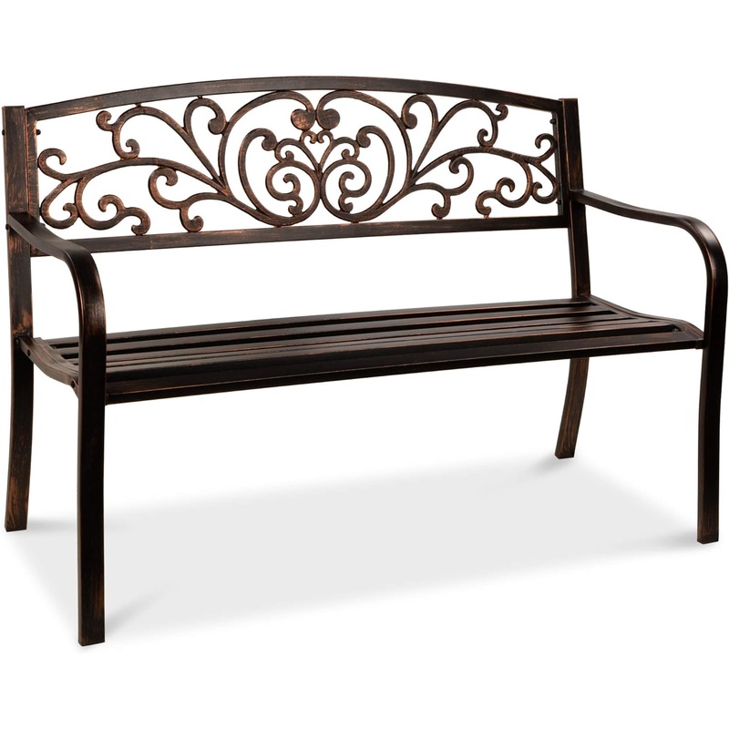 Best Choice Products Outdoor Bench Steel Garden Patio Porch Furniture for Lawn, Park, Deck w/Floral Design Backrest, Slatted Seat  Black