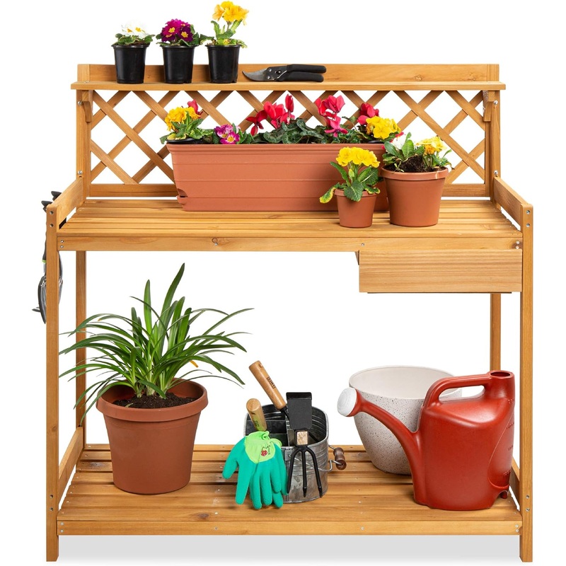 Best Choice Products Outdoor Garden Potting Bench, Wooden Workstation Table w/Cabinet Drawer, Open Shelf, Lower Storage, Lattice Back  Gray