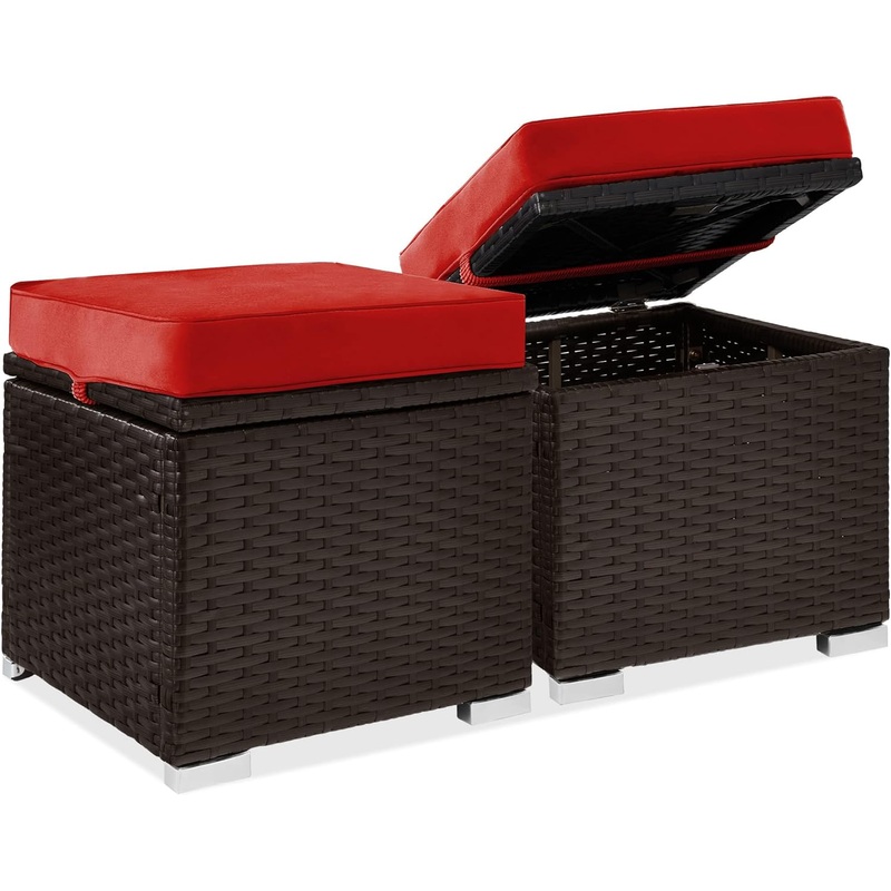 Best Choice Products Set of 2 Wicker Ottomans, Multipurpose Outdoor Furniture for Patio, Backyard, Additional Seating, Footrest, Side Table w/Storage, Removable Cushions  Black/Teal
