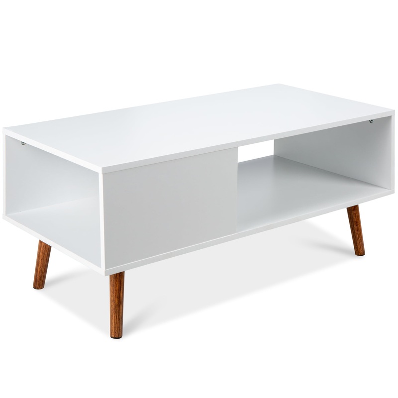 Best Choice Products Wooden Mid-Century Modern Coffee Accent Table Furniture w/ Open Storage Shelf  White/Brown