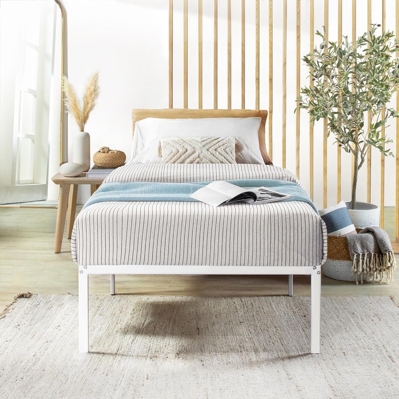 Best Price Mattress 16 Inch Metal Platform Bed Frame, Heavy Duty Steel Slats, White, Twin