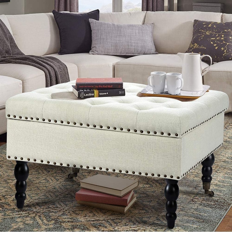 AVAWING 29 Square Tufted Button Storage Ottoman Table Bench with Rolling Wheels Nailhead Trim Linen Fabric Foot Rest Stool/Seat for Bedroom, livingroom and Hallway (White)